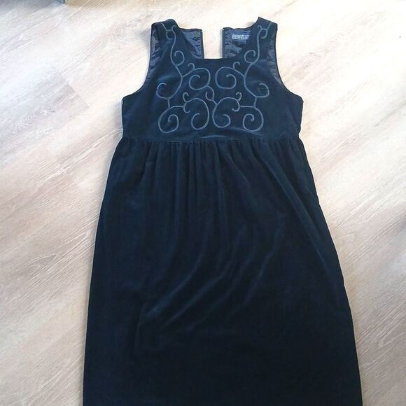 Vintage Herman Geist Dress Mixed Wool Velvet Deep Navy Blue Empire Waist 14P - Picture 1 of 11